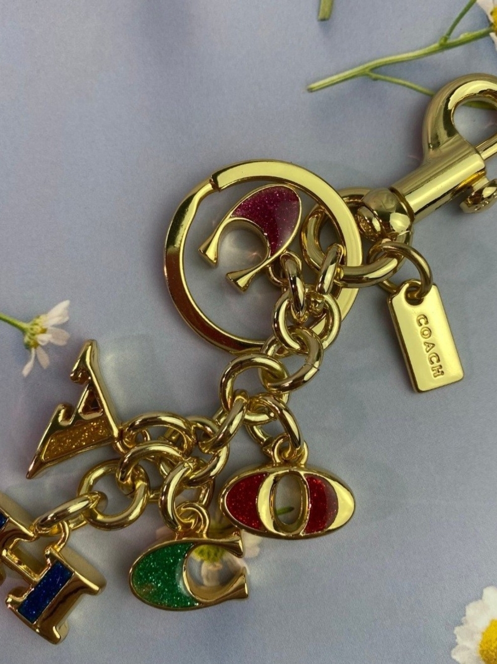 COACH Gold-Tone Multicolor Charm Keychain - Red, Green, Blue, Pink Accents